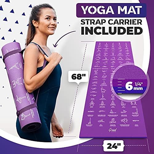 Instructional Yoga Mat with Carrying Strap: Cute Yoga Mat with 75 Illustrated Yoga Poses + 75 Easily-Followed Stretching Exercises - 1/4” Thick, Non-Toxic, Non-Slip Yoga Mats for Women and Men
