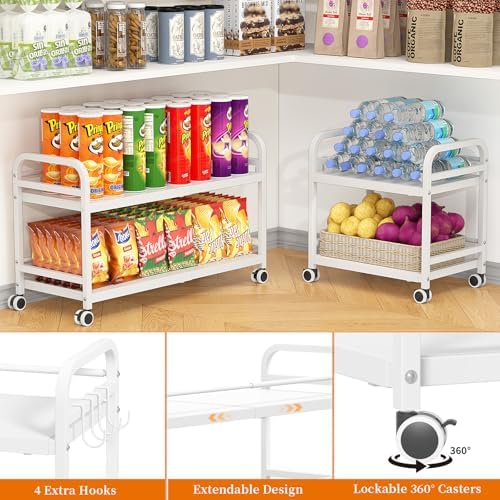 2-Tier Expandable Rolling Cart, Pantry Storage Cart with Wheels, Adjustable Rolling Pantry Floor Organizer, Metal Under Desk Cart, Sturdy Can Storage & Snack Organizer for Kitchen Pantry, White