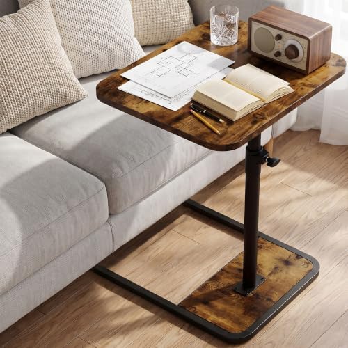GOYLSER Large C-Shaped Tables Small Swivel End Table, Height Adjustable Side Tables Living Room, Rotating Snack Couch Wooden Tv Trays for Eating On Couch, Rustic Brown
