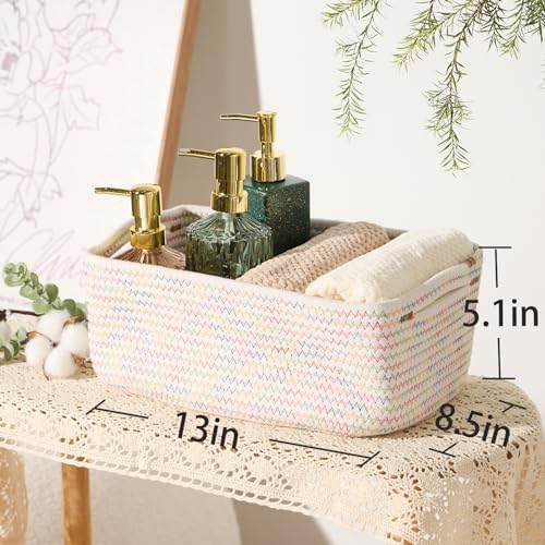 MiniArk Small Storage Baskets for Organizing | Closet Organizer Bins | Shelf Toy Basket | Woven Rope Baskets | Cube Decorative Box | Shallow Basket | 13x8.5x5.1” | 3 Packs Rainbow