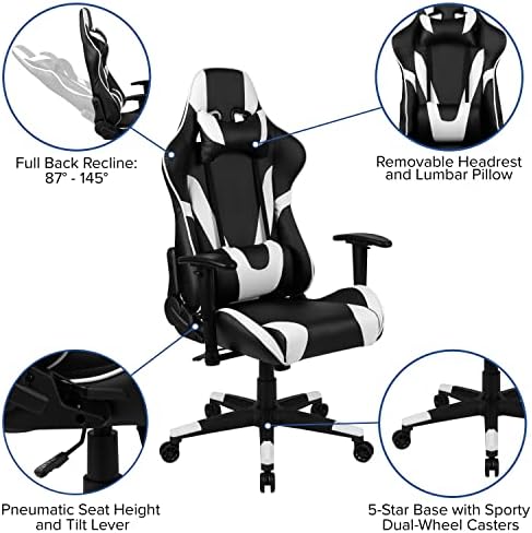 Flash Furniture X20 Fully Reclining LeatherSoft Racing Style Gaming Chair with Headrest, Lumbar Pillows, Ergonomic Swivel Computer Chair, Black/White