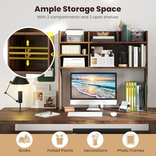 GIANTEX Desktop Bookshelf, 37" Desk Hutch Dorm for Computer Up to 32 Inch, Countertop Hutch w/6 Storage Shelves, 3-Tier Desktop Organizer Display Rack, Wood Desk Shelf for Home Office (Rustic Brown)