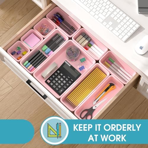 StoreHappily 10 PCS Drawer Organizer Set, 4 Size Makeup Drawer Divider Organizer With Non-Slip Pads, Interlocking Plastic Storage Bins for Office,Jewelry Vanity,Gadgets, Bathroom,Kitchen, Pink