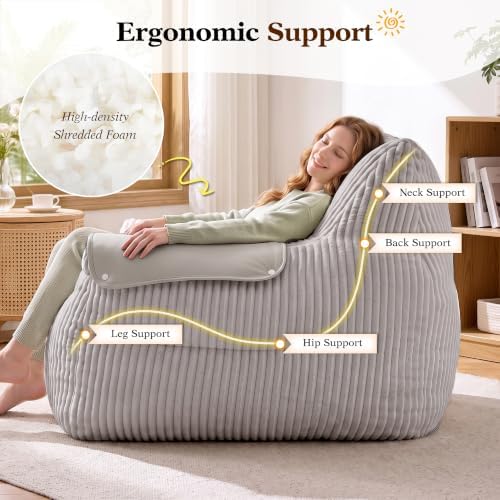 Homkdom Bean Bag Chairs for Adults, Bean Bag Sofa with Armrests, Grey