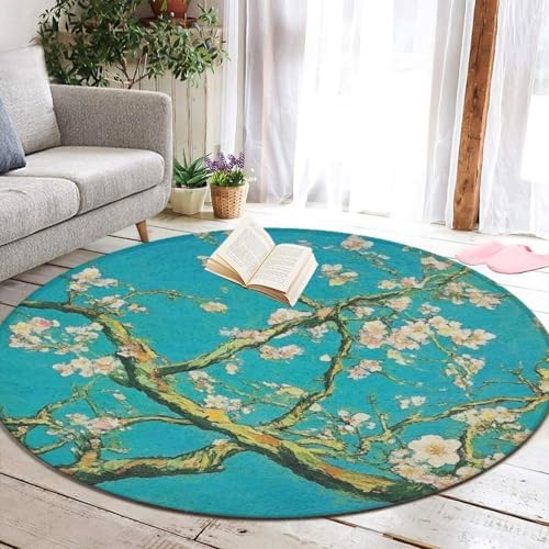 Room Sofa Yoga Soft Round Carpet, Home Decor Non Slip Kitchen Office Circle Rug, Machine Washable Modern Round Area Rug Beautiful Apricot Flower Blossom Art, 36inch