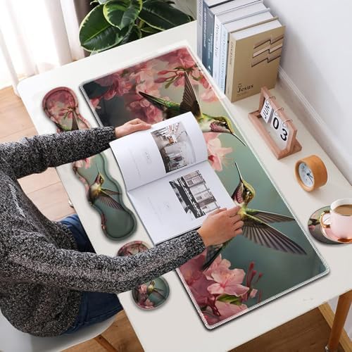 4 in 1 Mouse Pad Combo, Large Gaming Mouse Pad + Keyboard Wrist Support + Mouse Wrist Rest + Coaster, Table Pad 31.5 "x 11.8" with Memory Foam Ergonomic Wrist Pad Set, Hummingbird Flowers