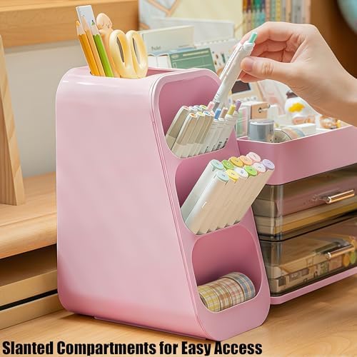 Desk Organizer with Pen Pencil Holder, Pen Organizer with 2 Drawers & 4 Compartments, Desktop Organizers and Storage for Office Home School Art Supplies (Pink)
