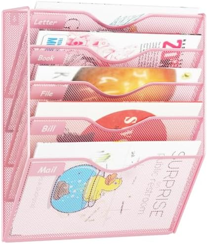 5 Pockets Hanging Wall File Organizer Mail Holder, Wall Mounted Paper Document Folder Holder, Clipboard Storage Organization Magazine Rack, Pink