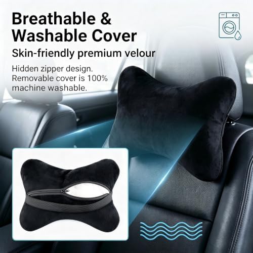 Car Neck Pillow, Memory Foam Comfortable Seat Headrest Support Cushion for All-season, Washable Removable Cotton Pillow Case, Interior Accessory for Car & Home & Office Chairs (Black)