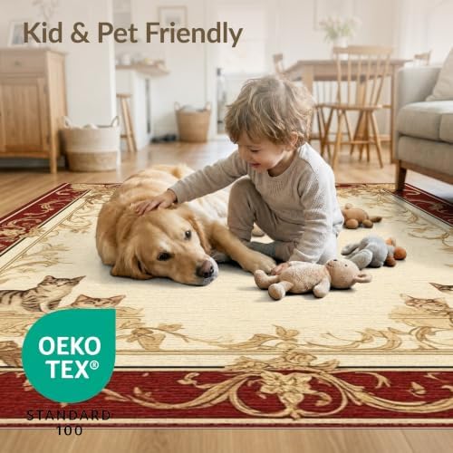 4'x6' Ivory Cat Crimson Motif with Swirls Washable Area Rug