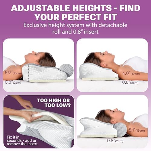 3-in-1 Orthopedic Pillow, Cervical Neck Pillow for Sleeping, Adjustable Height Memory Foam Neck Pillow and Detachable Roll, Contour Pillow for Neck Pain Relief for All Sleeping Positions (Gray)