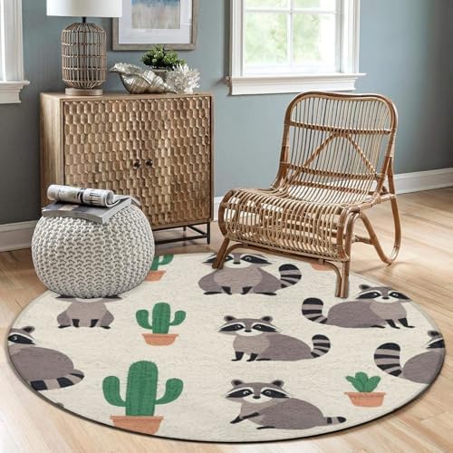 Large Machine Washable Circular Rugs, Home Decor Round Mat for Living Room Sofa Office Cactus Cute Cartoon Raccoons