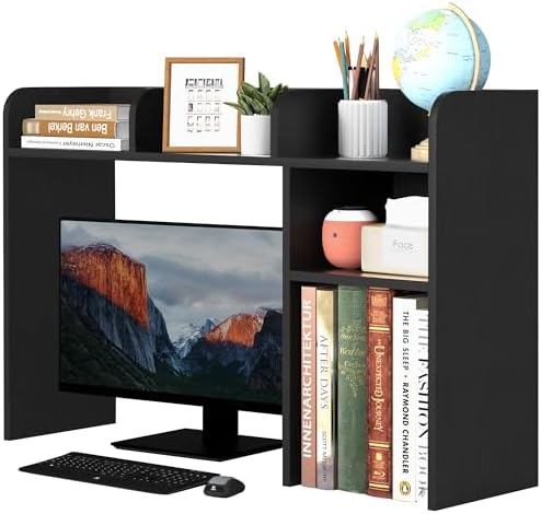 LAND·VOI Desktop Bookshelf, Countertop Storage Hutch with 5 Shelves for Computer Desk, Desk Organizer for Home Office Dorm, Dressing Tabletop, Bar Countertop, Wood Desktop Display Rack, Black EDS01B