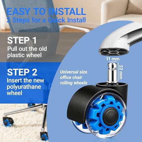 Blue Office Chair Casters, 2 Inch Heavy-Duty Rubber Chair Casters Replacement, Computer Gaming Desk Chair Casters Wheels-Set of 5, Smooth Rolling for Hardwood Carpet Tile Floors, 11*22mm Universal fit