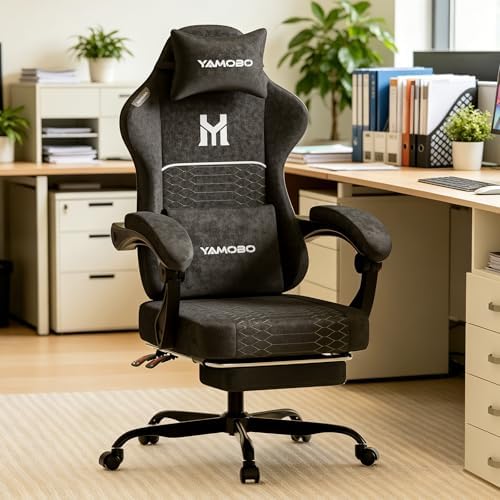 Gaming Chair with Footrest, Ergonomic Computer Chair with Lumbar & Headrest Support for Adults, High Back Office Desk Chair with 360°Swivel Wheels for Game and Work, Breathable Fabric，Black