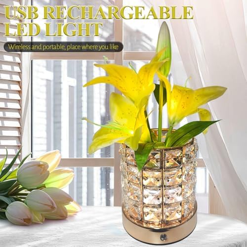 Lily Flower Lamps, Rechargeable Cordless Small Desk Lamp, 3 Colors Dimmable Artificial Flowers Night Light, Fake Bouquet 3 Lilies with Crystal Vase for Home Date Party Decoration (Yellow - Lily)