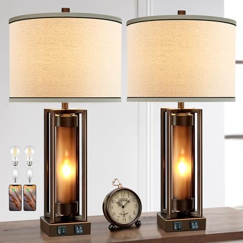 Farmhouse Table Lamps for Living Room Set of 2 with USB C+A Ports