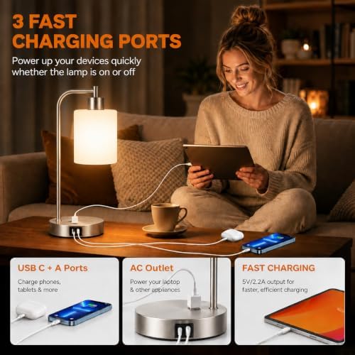 Set of 2 Industrial Touch Control Table Lamps with 2 USB Ports and AC Outlet - 3-Way Dimmable Nickel Bedside Lamp Nightstand Desk Lamps for Bedroom Living Room, Opal Glass Shade & 2 LED Bulbs Included