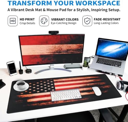 Extended American Flag Desk Mat, XXL Large Gaming Mouse Pad, Vintage Retro Style Stitched Edges Waterproof with Non-Slip Rubber Base for Computer Keyboard Laptop Work Home Office 35.4"x15.7"
