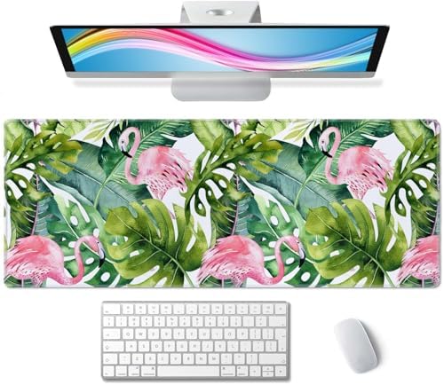 Large Gaming Mouse Pad with Stitched Edges, Watercolor Tropical Palm Tree with Flamingo Desk Mat Extended Keyboard Pad, Non-Slip Rubber Base Desk Pad for Keyboard and Mouse, 31.5X11.8 inch
