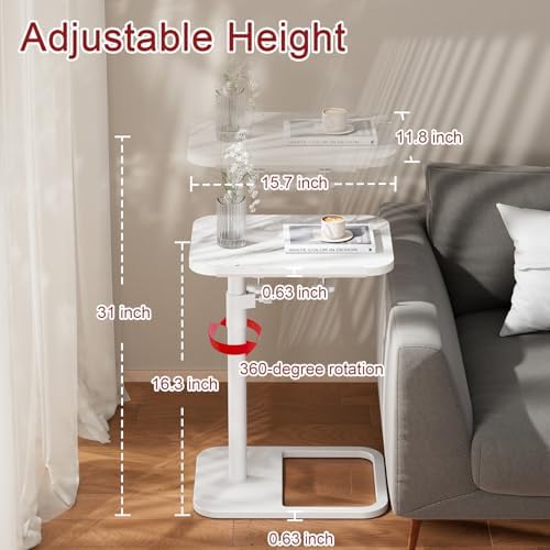 GOYLSER Adjustable Height Sofa C Table, 360° Swivel/180° Flip-Over Panel Side Table with Tablet Slots for Small Spaces, Morden TV Tray Couch Tables for Dinner Eating (White Marble)