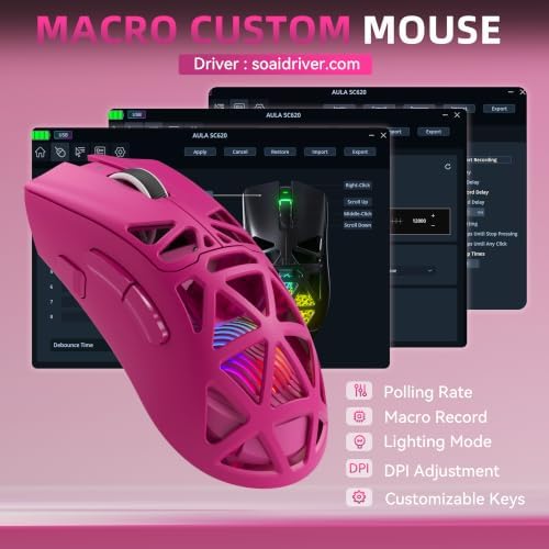 Aula SC620 Wireless Gaming Mouse, Tri-Mode 2.4GHz/USB-C/BT5.3 Computer Mouse with 12000 DPI, Programmable Macro Gamer Mouse with Rapid Fire Key, RGB Light Gaming Mice for PC/Laptop/Mac(Hot Pink)