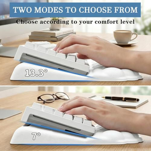 Cloud Keyboard Wrist Rest with Sloped Keyboard Pad, Ergonomic 3-in-1 Mouse Pad with Wrist Support and Coaster, Non-Slip Memory Foam Desk Mat Set for Mechanical Keyboard, Office & Gaming,White