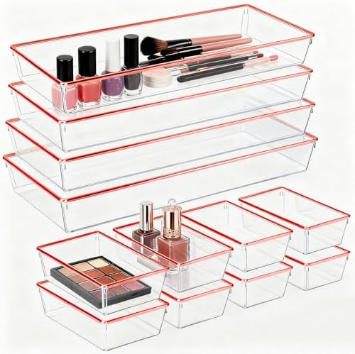 12 Pack Large Size Clear Stackable Drawer Organizer Trays, Rose Gold Rim Makeup Drawer Storage Tray Divider, Desk Storage for Makeup, Jewelry, Bathroom, Stationary, Kitchen Utensils and Office Desk