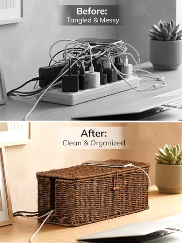 Cable Management Box, Cord Organizer with Lid & Cable Ties - Brown Set