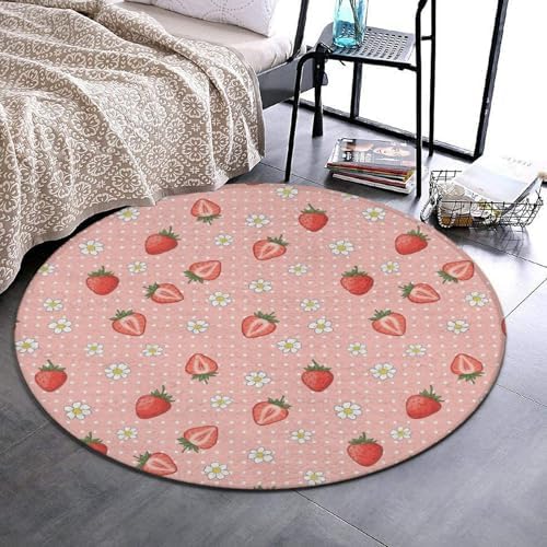 Soft Round Yoga Carpet, Office Chair Decor Round Mat for Carpet and Hardwood Floors Floral Flowers Dots Cute Strawberries Pink Art, 60inch