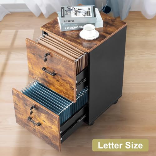 VINGLI 2-Drawer Small Rolling File Cabinet with Lock, Wood Filing Cabinet for Hanging Letter Size Filings with Tabs, Mobile Under Desk File Cabinets for Home Office, Rustic Brown, 27.2" H