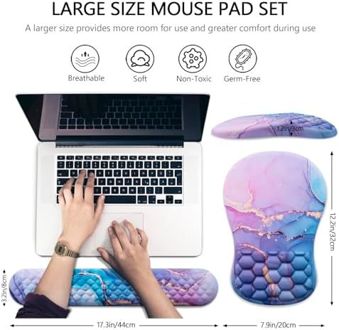 Mouse Pad Wrist Support, Laokiiy 2 in1 Keyboard Wrist Rest+ Ergonomic Mouse Pad, Non-Slip Wrist Rest for Computer Keyboard, Made Easy Typing & Relieve Wrist Pain(Blue Pink Marble)