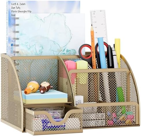 EasyPAG Mesh Desk Organizer with Drawer Multi-functional Pen Holder Stationery Organizer for Office School Supplies 6 Compartments Dorm Organizers and Storage for Desk, Gold