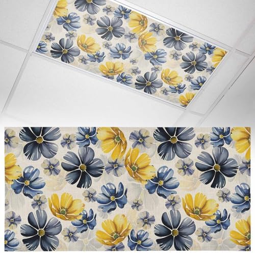 Retro Beige Yellow Flower Magnetic Fluorescent Light Covers for Ceiling Lights 2 x 4 Feet,Ombre Blue Green Blossom Floral Office Classroom Kitchen Drop Ceiling Light Covers Filters Shade Panel 1 Pack