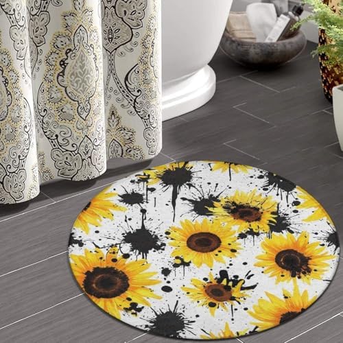 Machine Washable Modern Round Area Rug, Room Sofa Yoga Soft Round Carpet, Home Decor Non Slip Kitchen Office Circle Rug 80s Vintage Sunflower Cow Print, 60inch