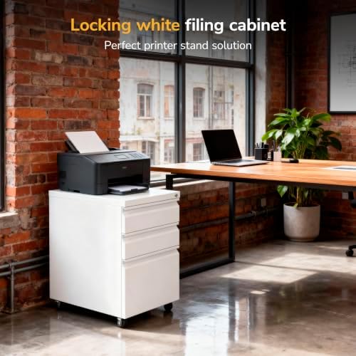 Mount-It! 3 Drawer File Cabinet with Lock and Wheels, Under Desk Storage Filing Pedestal for Home Office, No Assembly Small Rolling File Cabinet for Legal, Letter, and A4 Files in White