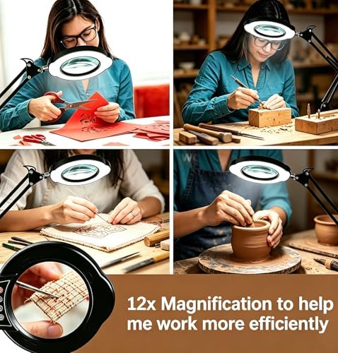 12X Magnifying Glass with Light and Clamp, 84 LEDs Real Glass Lens Magnifying Lamp for Close Work, Repair, Reading, Craft（Top Button）