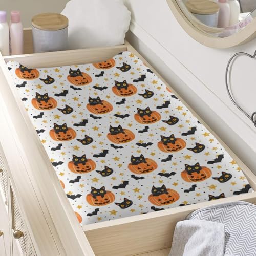 Cute Halloween Pumpkin Cat Bats Stars Pattern Baby Changing Pad Cover, Unisex Fall Winter Holiday Nursery Diaper Changing Table Pad Mat Sheet for Boys Girls-16x32