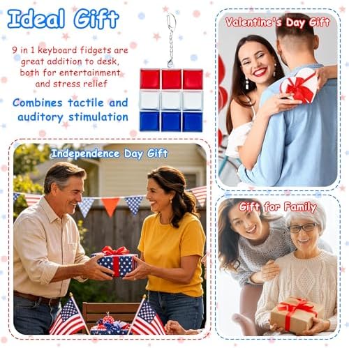 9 in 1 Keyboard Fidget Keychain Toy for Adult Kids to Stress Relief, 4th of July Keyboard Decompression Button Finger Clicker Toys, Patriotic Cube Mechanical Fidget Gifts for Office Home
