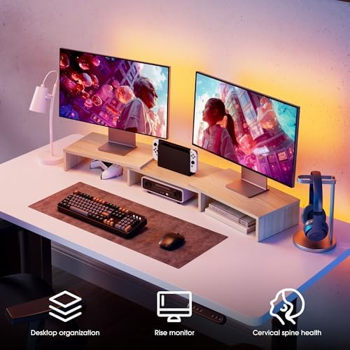 FITUEYES Dual Monitor Stand Riser, Adjustable Length and Angle, Oak