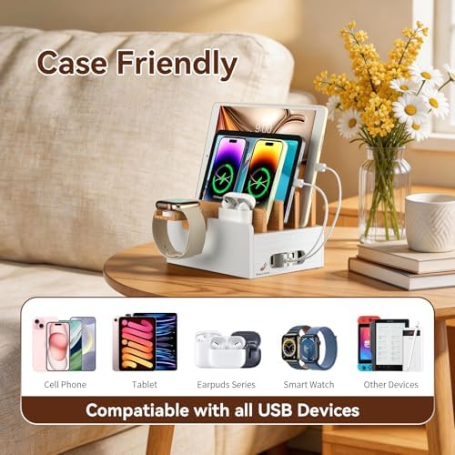 Pezin & Hulin Bamboo Charging Station with USB Charger&Cables-Natural+White