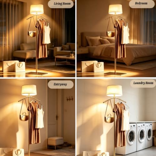 Floor Lamp with Coat Rack, 3 Color Dimmable Standing Lamp with Hooks