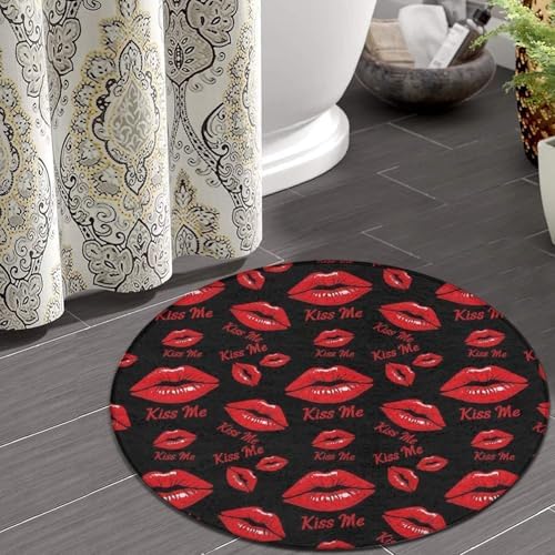 Highly Premium Quality Floor Mat, Office Chair Decor Mat, Room Sofa Yoga Soft Round Carpet Black Rose Pink Lip Print Kiss Me