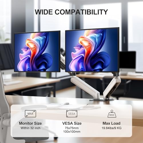 MT-VIKI Dual Monitor Stand - Gas Spring Double Monitor Arm with Quick Release VESA Plates for 2 Screens 17-32 Inch, Full Motion Articulating Desk Mount, Holds 4.4-19.8lbs