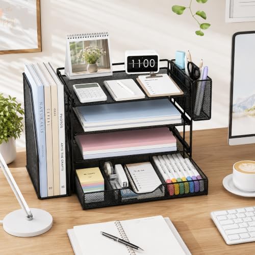 4-Tier Desk File Organizer with Drawer & Pen Holder (Black)