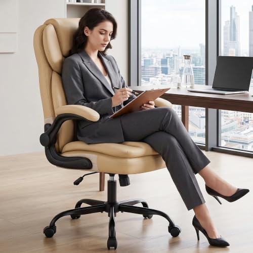 Ergonomic PU Leather Office Chair with Double-Layer Seat Cushion, Adjustable Armrest and Headrest, Reclining Backrest 360° Swivel Rolling Computer Desk Chair for Home Office Gaming Space, Khaki