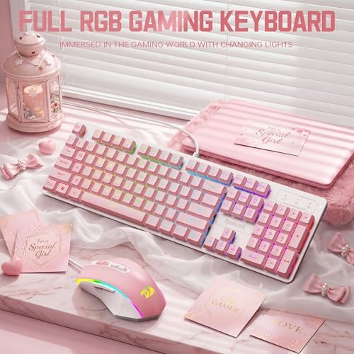 Redragon Updated S107WP Gaming Keyboard and Mouse, RGB Gaming Keyboard and 10000 DPI Mouse Combo with 25-Key Anti-Ghosting, 1K Hz Programmable Mice with Software, Plug & Play to PC, Laptop - Pink