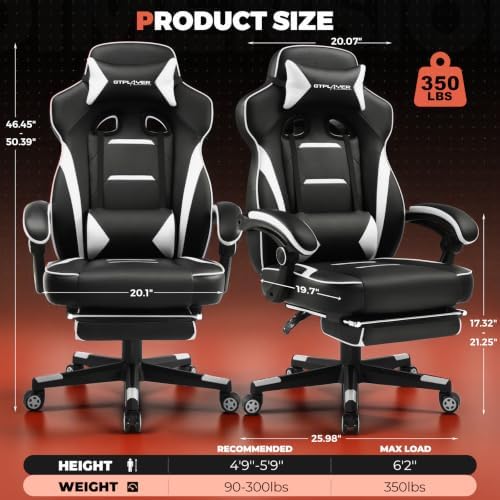 GTPLAYER Gaming Chair with Footrest, 350LBS Big and Tall Office Chair, Ergonomic High Back Lumbar Support and Recliner for Back Pain Relief, White