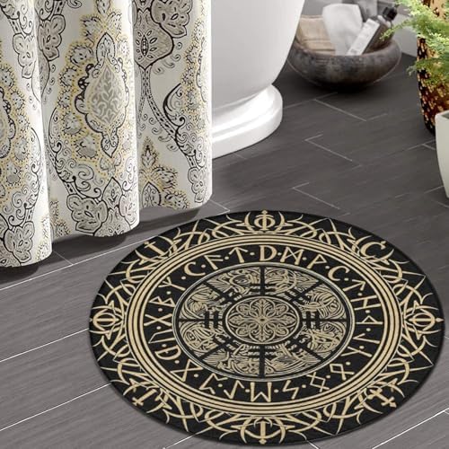 Soft Round Yoga Carpet, Large Home Decor Mat, Non-Slip Machine Washable Kitchen Office Circle Rug Compatible with Cool Norse Viking Vegvisir Runic Compass