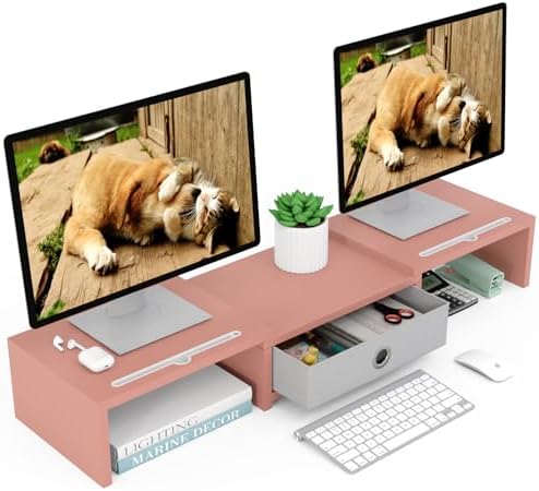 WESTREE Dual 3 Shelf Computer Riser with Drawer, Adjustable Length and Angle, Desktop 2 Monitor Stand Storage Organizer